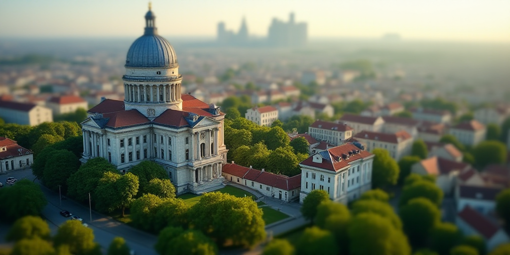 a city with lots of tall buildings and lots of trees in the middle of it, and a large building with