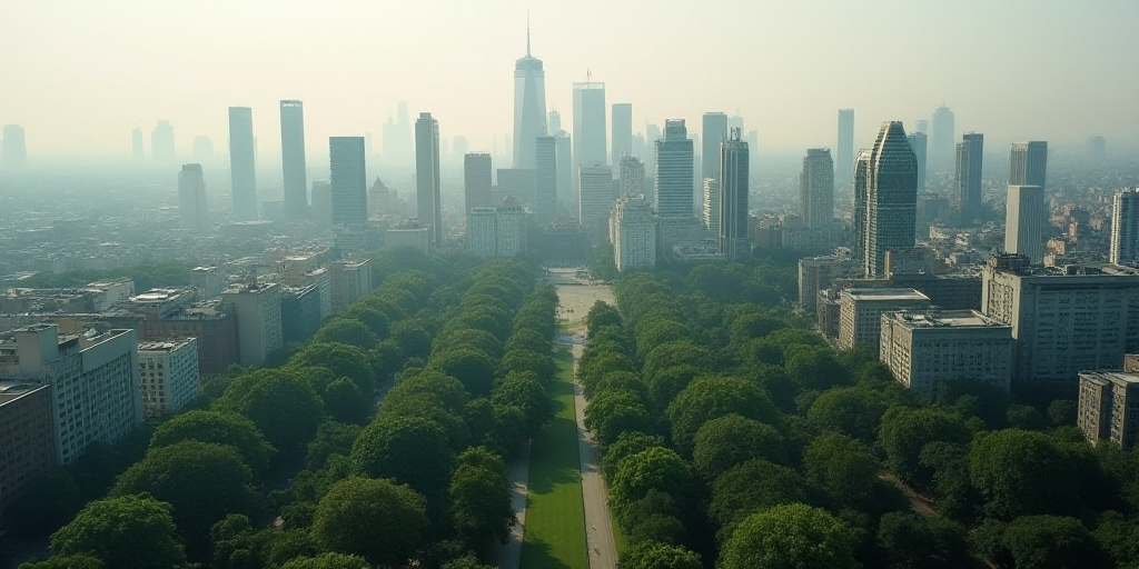 a city with lots of tall buildings and lots of trees in the middle of it, and a large city with lots