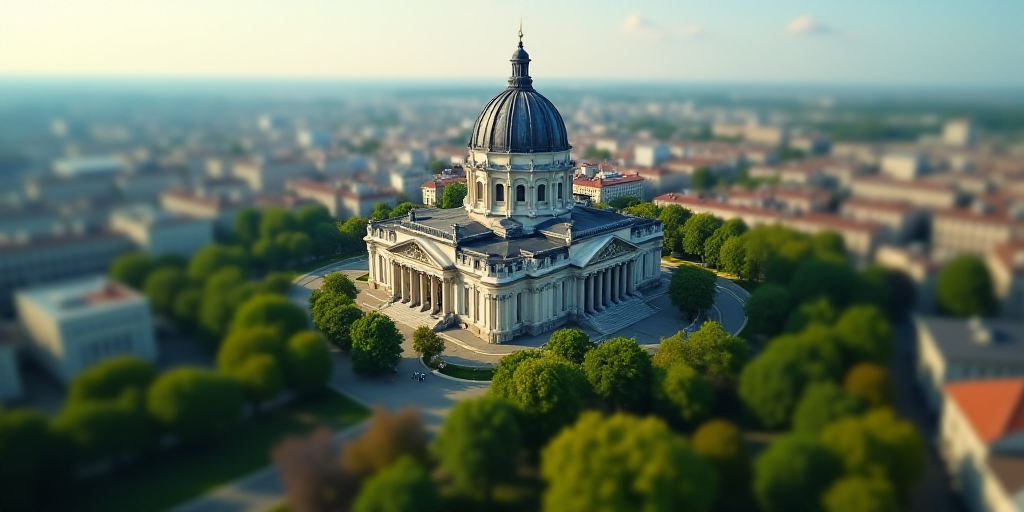 a city with lots of tall buildings and lots of trees in the middle of it, and a large building with