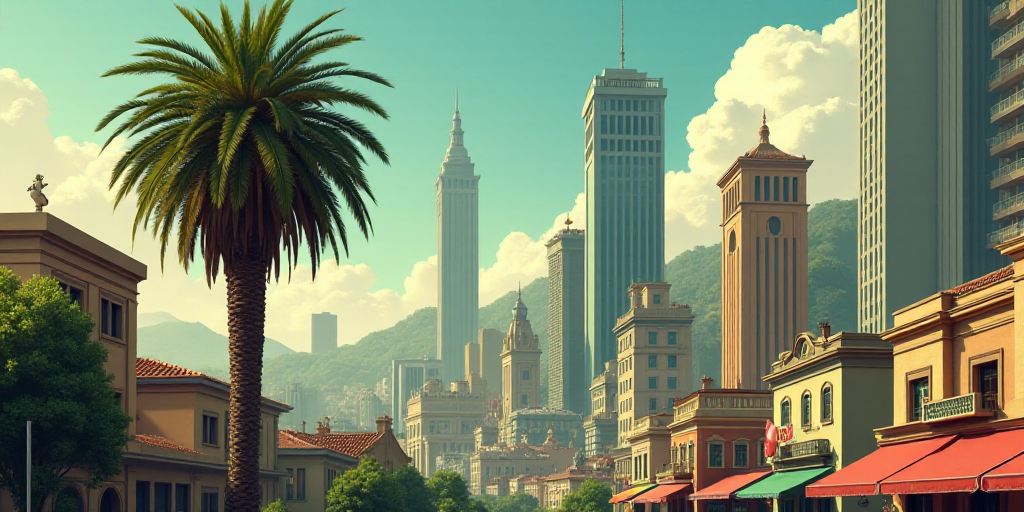 a city with tall buildings and a street sign in front of it with a palm tree in the foreground, Dieg