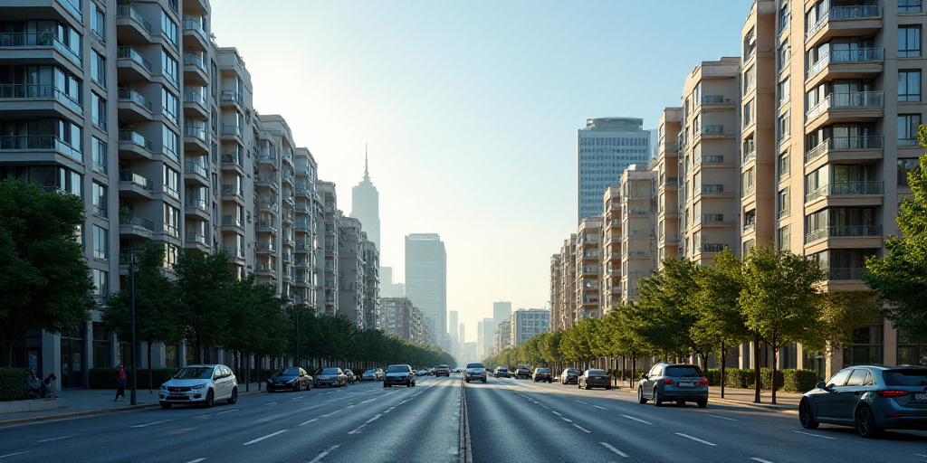 a city with tall buildings and a street in the foreground with a few cars on it and a few buildings