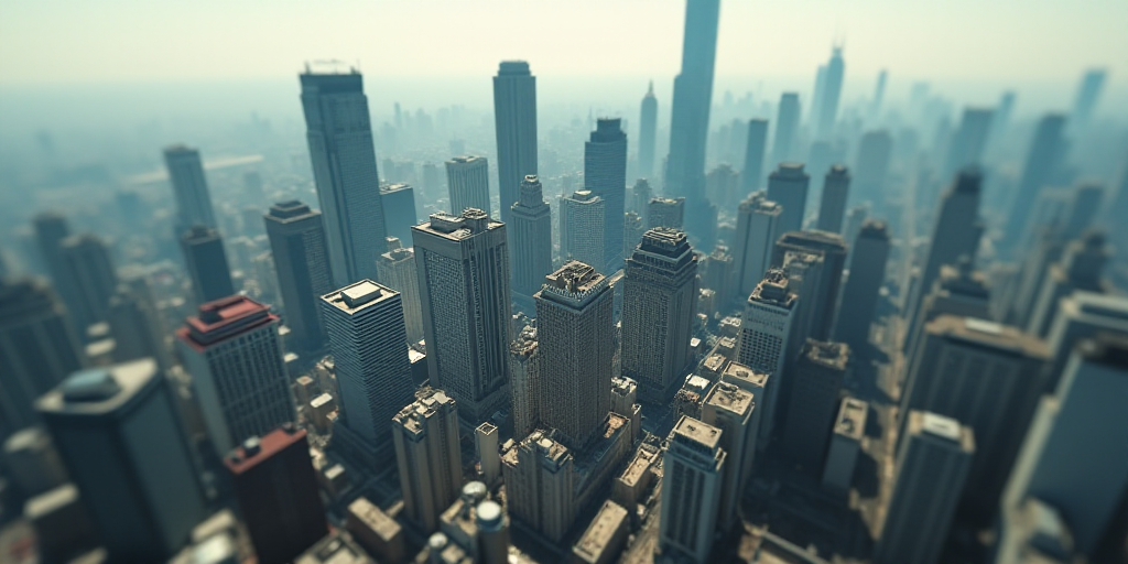 a city with tall buildings and a red roof top in the middle of the city, with a lot of tall building