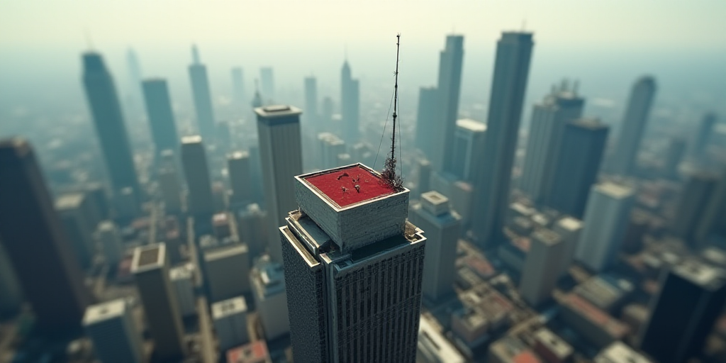 a city with tall buildings and a red roof top in the middle of the city, with a lot of tall building