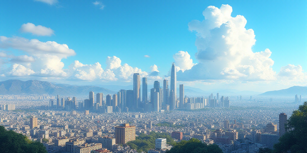 a cityscape with a lot of tall buildings and a blue sky in the background with a few clouds, Carlos