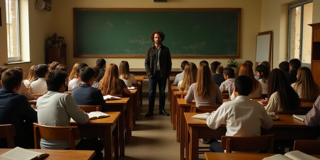 a classroom full of students sitting at desks with books on them and a teacher standing in front of