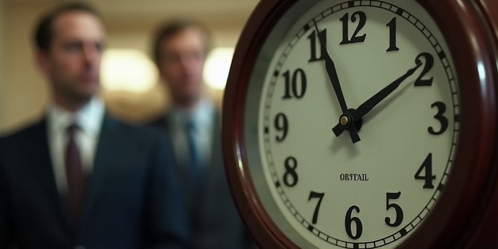 a clock with a group of men in the background with a blurry image of a clock face in the foreground,