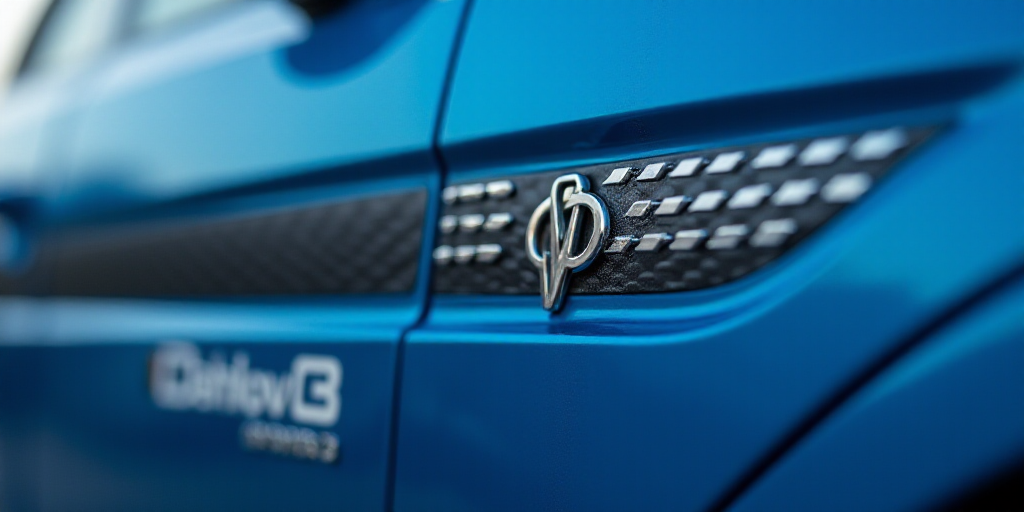 a close up of a car emblem on a blue car with white letters on it's side and a black and white strip
