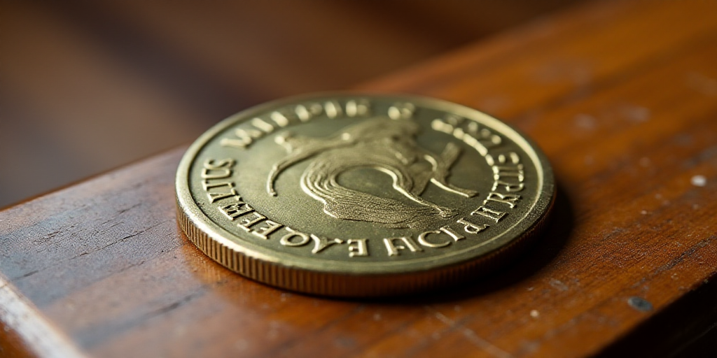 a close up of a coin on a wooden surface with a wooden floor in the background and a wooden table to