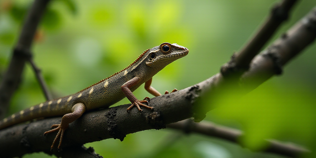 a close up of a lizard on a tree branch with a blurry background of leaves and branches in the foreg