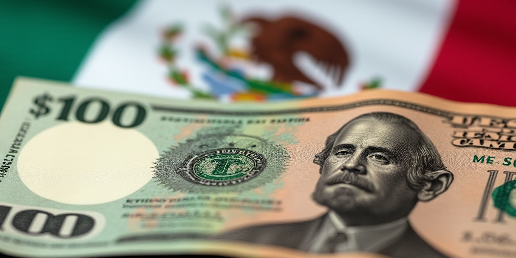 a close up of a one hundred mexican peso bill with a hundred dollar bill in the background with a me