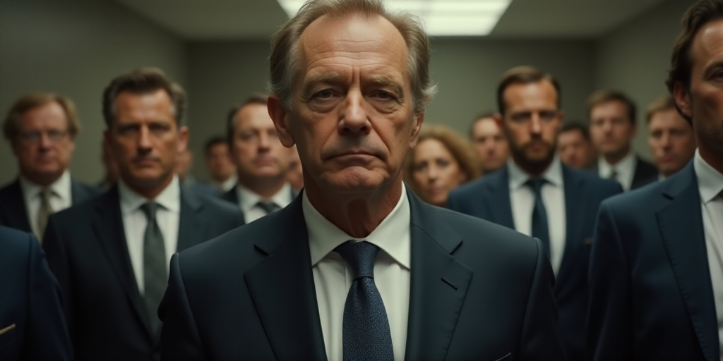 a close up of a person wearing a suit and tie with other people in the background looking on and to