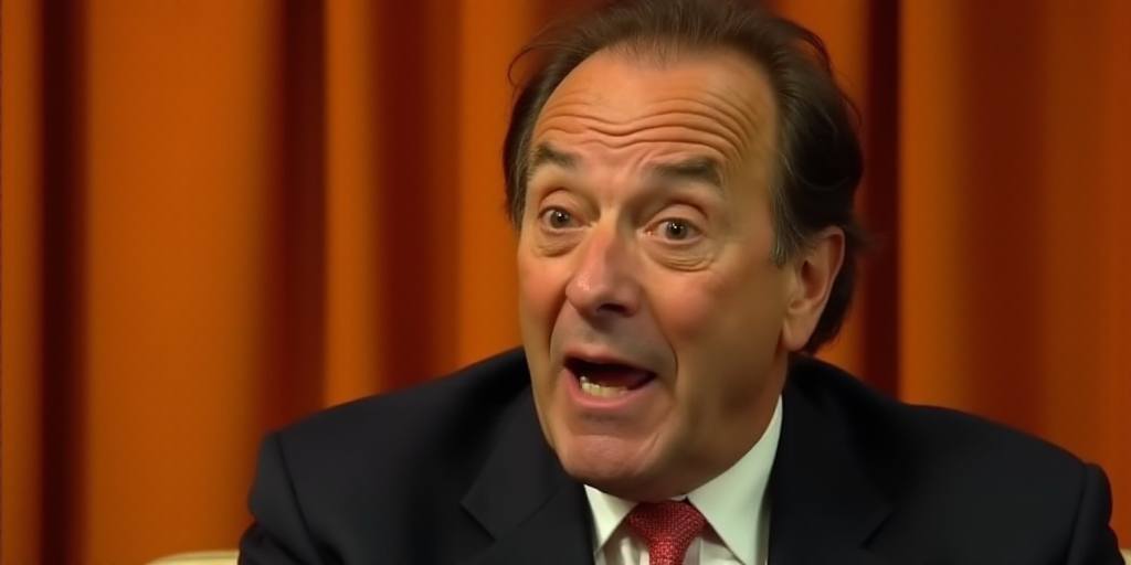 a close up of a person wearing a suit and tie with a surprised look on his face and a curtain behind