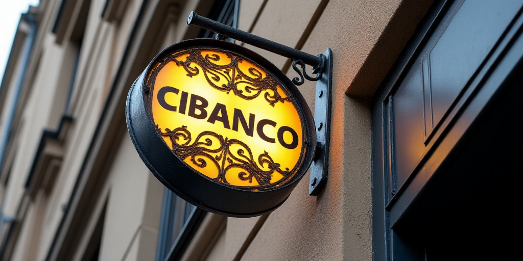 a close up of a sign on a building with a logo on it that says cibanco on it, Cui Bai, cgi, a flemis