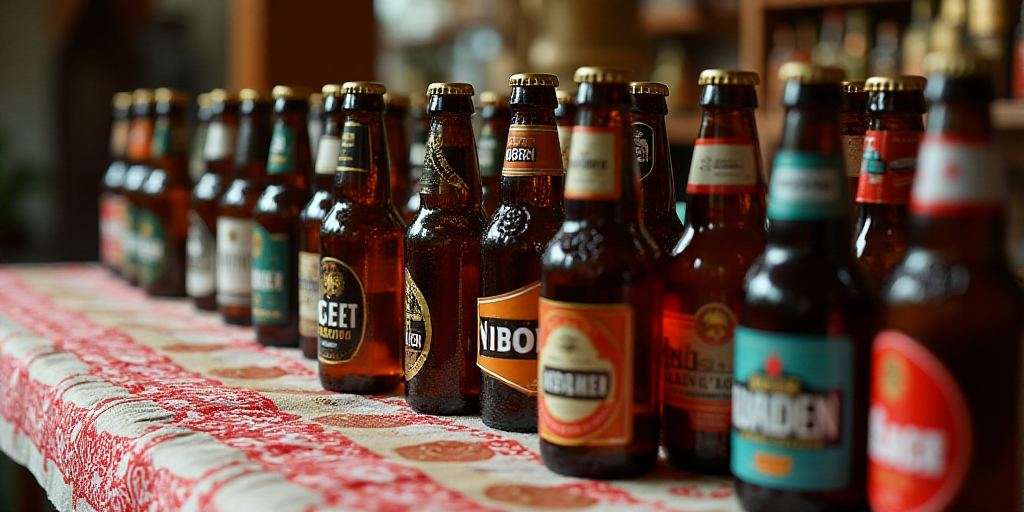 a close up of a table with many bottles of beer on it and a table cloth with a pattern of red and wh