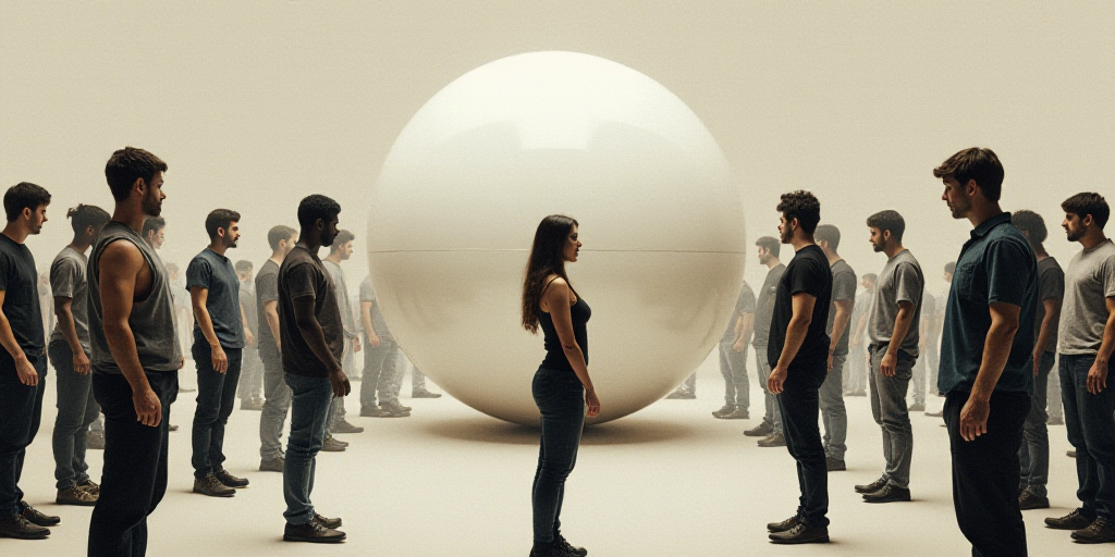 a collage of people with a large white object in the middle of them and a woman looking at it, Dahlo