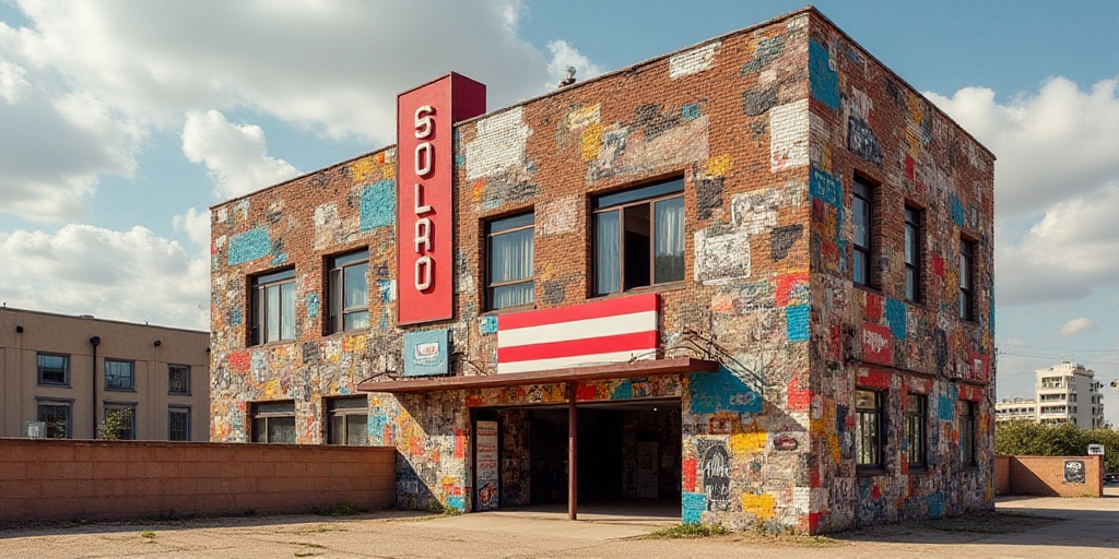a collage of photos of a building with many different things in it and a red and white sign, David A