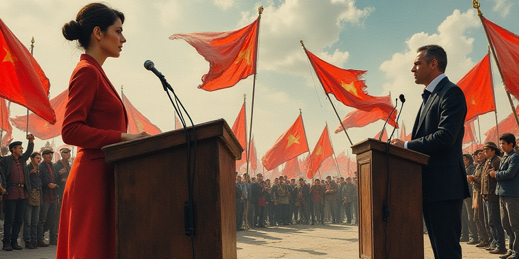 a collage of photos of people holding flags and a woman speaking at a podium with a microphone and a