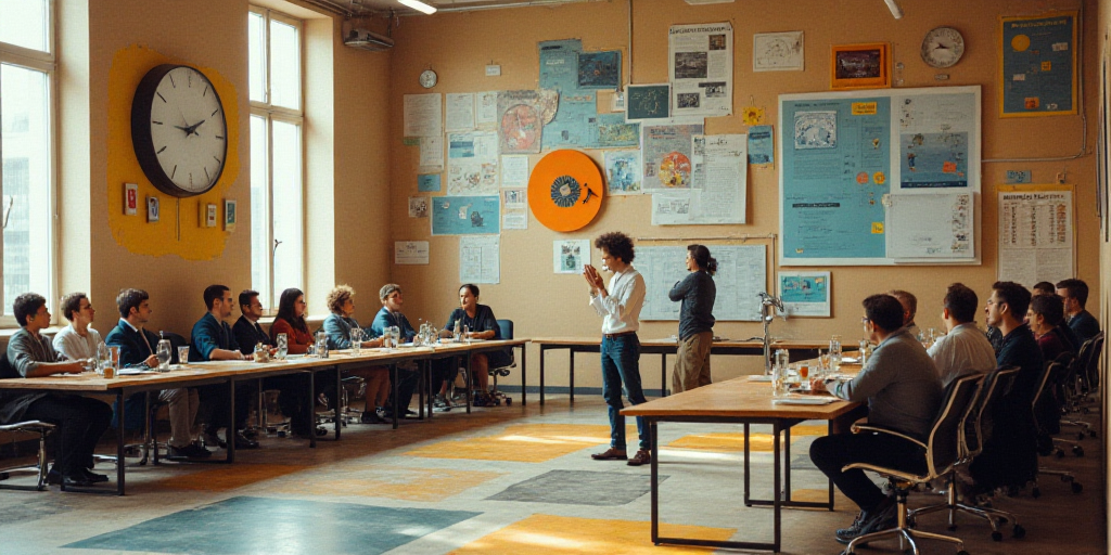 a collage of photos with a clock and people in the background and a photo of a meeting room, Aquirax
