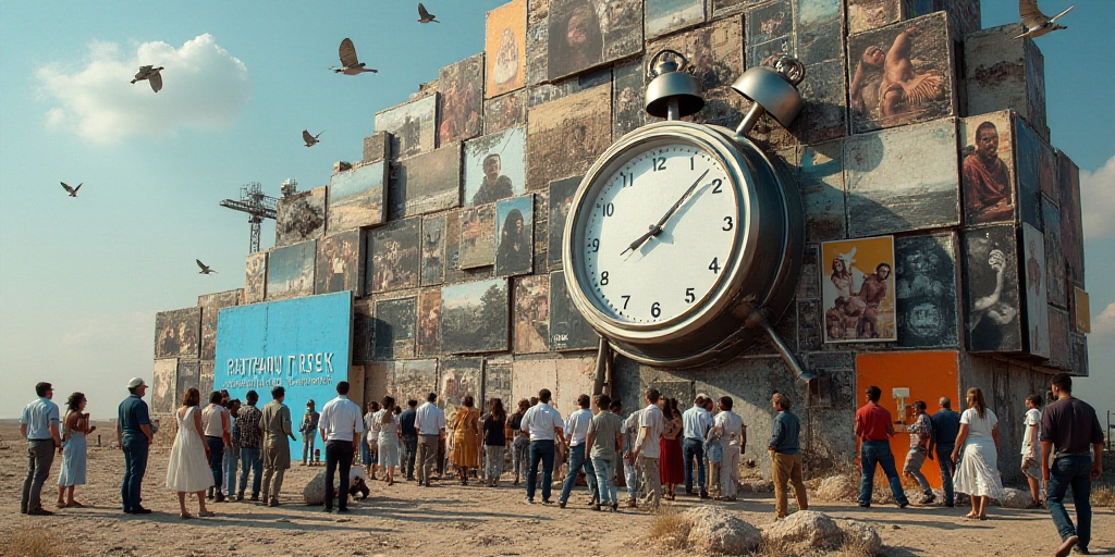 a collage of photos with a clock and a blue paper with a word on it and a group of people, Edi Rama,