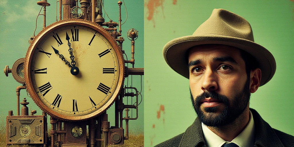 a collage of photos with a man and a clock and a calendar with a green background and a man in a hat