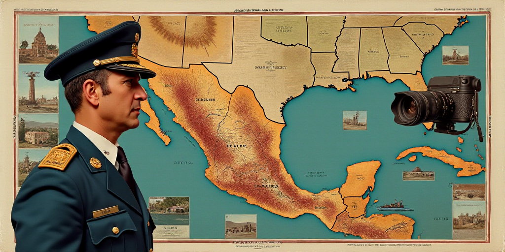 a collage of pictures with a man in uniform and a camera and a map of the country of mexico, Estuard