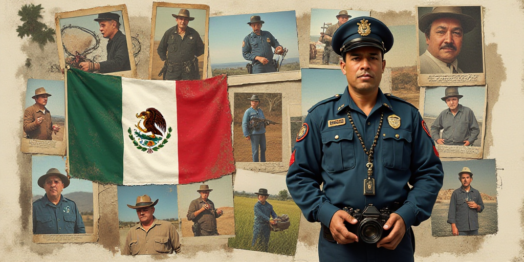 a collage of pictures with a man in uniform and a camera and a map of the country of mexico, Estuard
