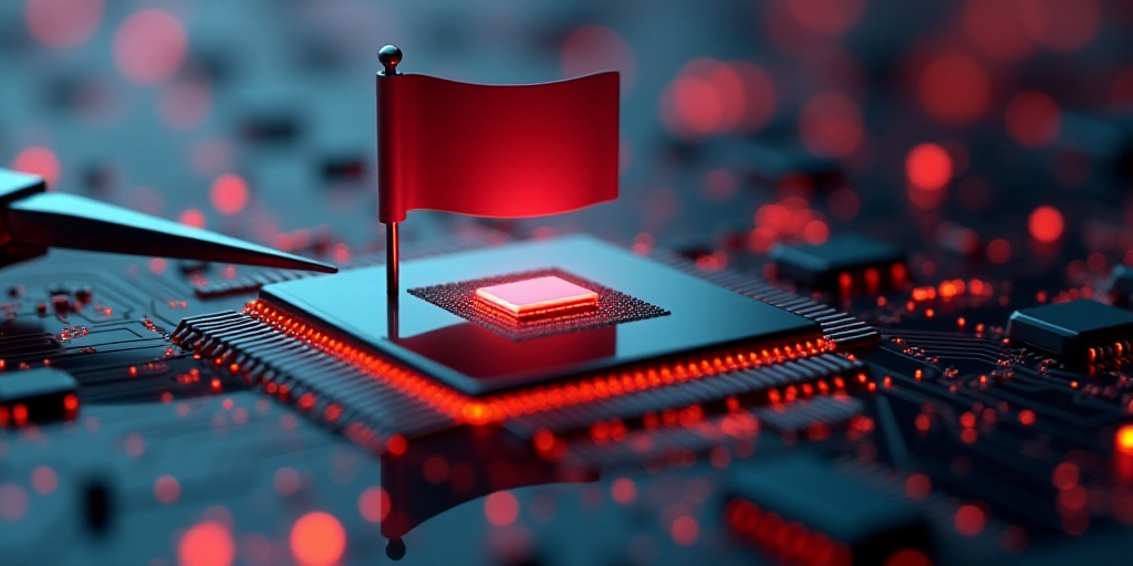 a computer chip with a flag on it being sold by a pair of scissors on top of it with a computer chip