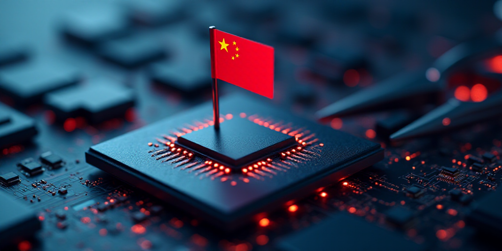 a computer chip with a flag on it being sold by a pair of scissors on top of it with a computer chip