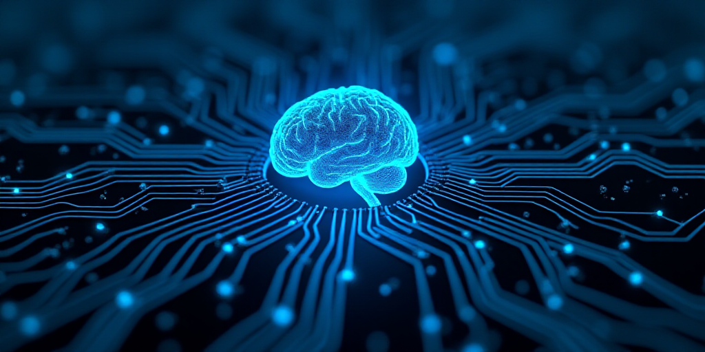 a computer circuit with a blue brain in the middle of it and a circuit in the middle of it, Ai-Mitsu