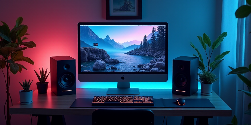 a computer desk with a monitor and speakers on it and a laptop on top of it with a mouse, Dahlov Ipc
