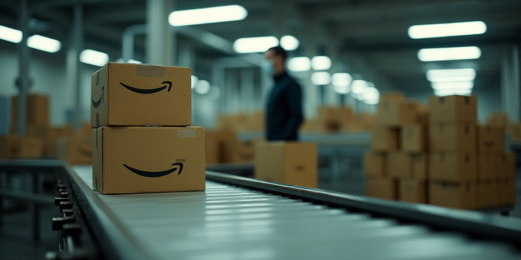 a conveyor belt with boxes and amazon boxes on it and a man in the background with a mask on, Andrie