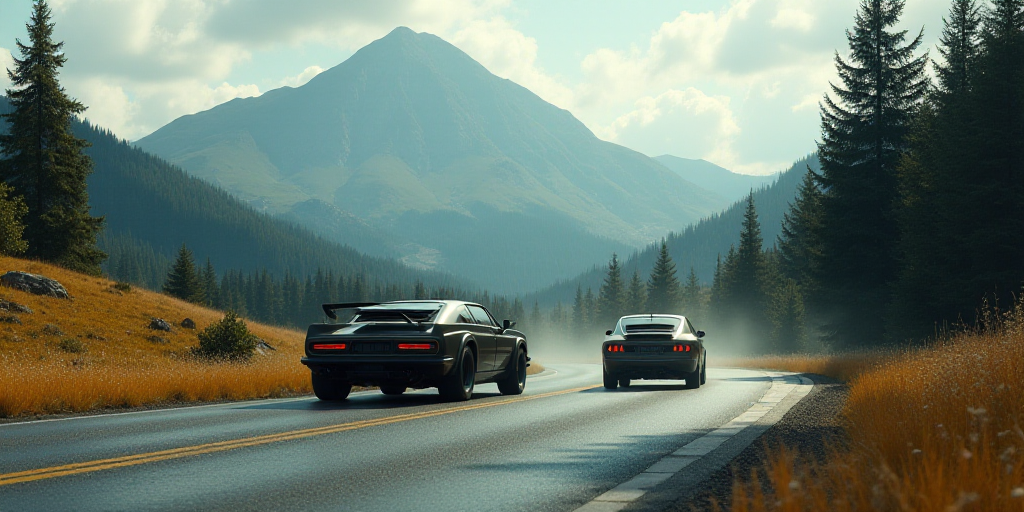 a couple of cars driving down a road next to a forest of trees and hills with a mountain in the back