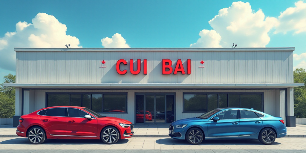 a couple of cars parked in front of a building with a sky background and a sign that says geely, Cui