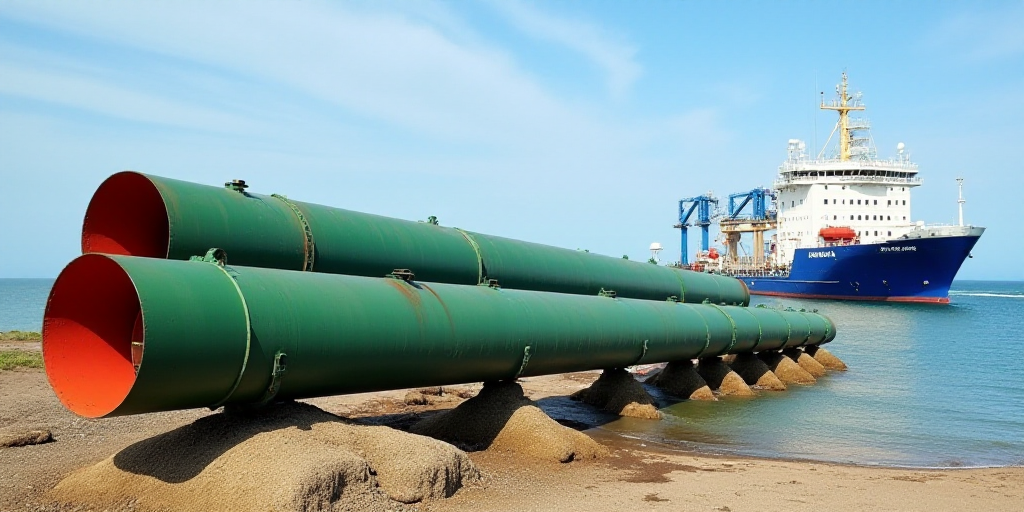 a couple of large green and red pipes on a beach near the ocean and a blue and white ship, Almada Ne