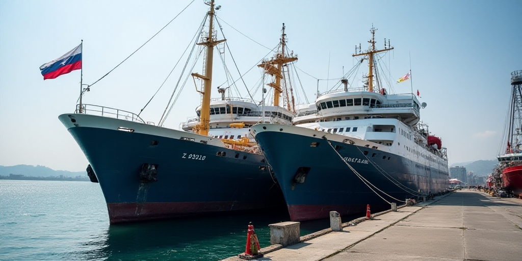 a couple of large ships docked next to each other on a pier with a flag on the side of the ship, Avg