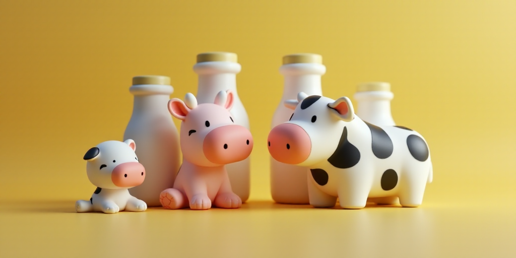 a couple of little toy animals sitting on top of a table next to milk bottles and a cow toy, Eiichir