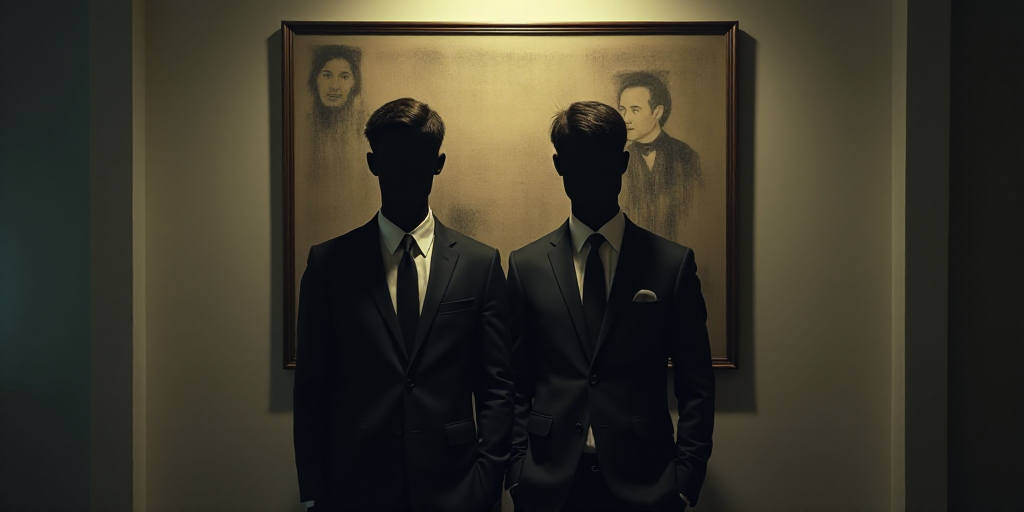 a couple of men standing next to each other in front of a poster of two men in suits and ties, Andri