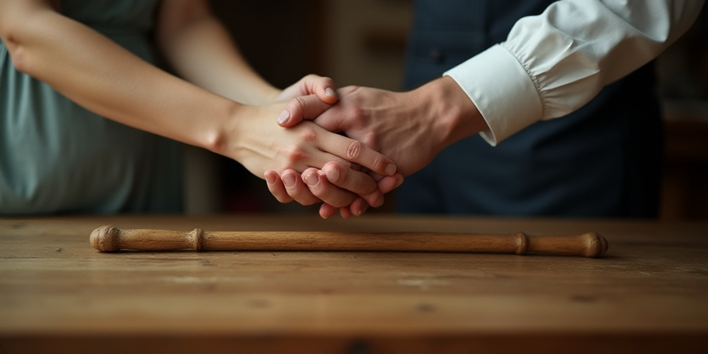 a couple of people holding hands over a wooden table top with a cane in hand and a cane in the other