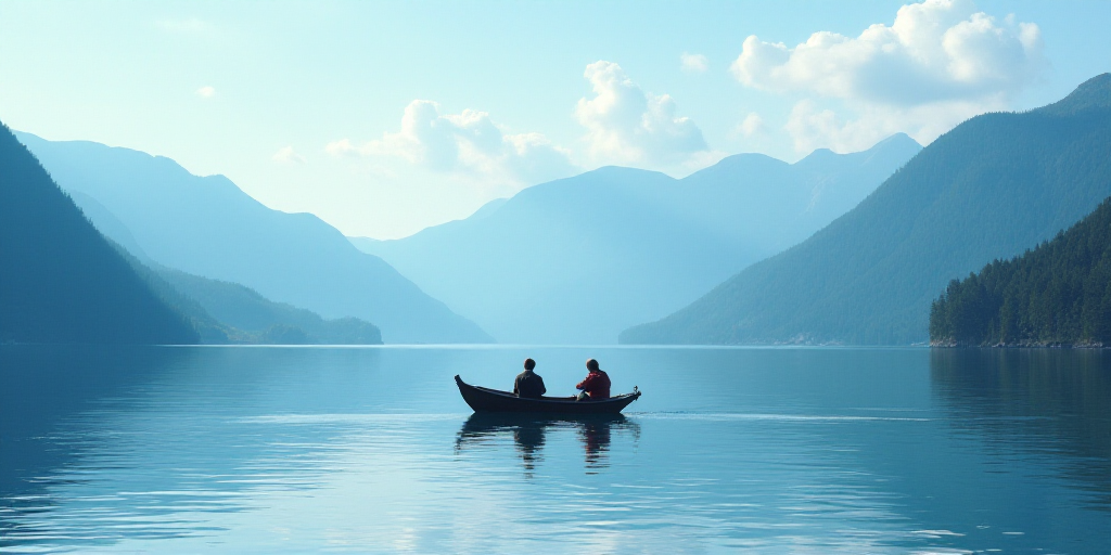 a couple of people in a small boat on a lake with mountains in the background and a blue sky, Eric D