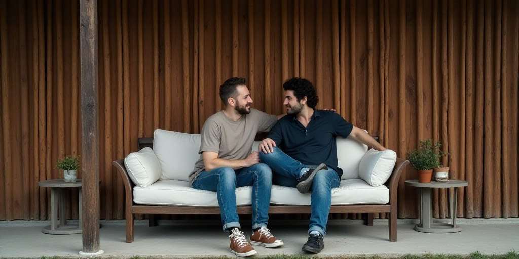 a couple of people sitting on a couch together on a porch with a wooden slatted wall behind them, Cr