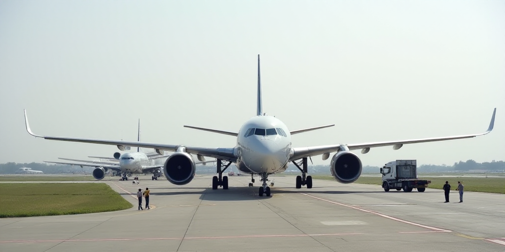 a couple of planes that are on a runway with people standing around them and a truck in front of the