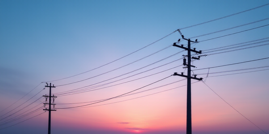 a couple of power lines that are in the sky at sunset or dawn with a sky background that is blue and