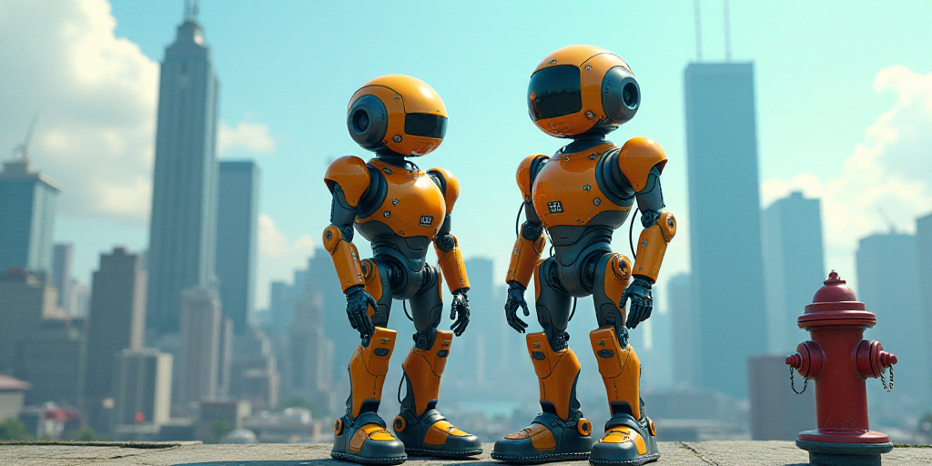 a couple of robots are standing next to each other in front of a city skyline with skyscrapers and a