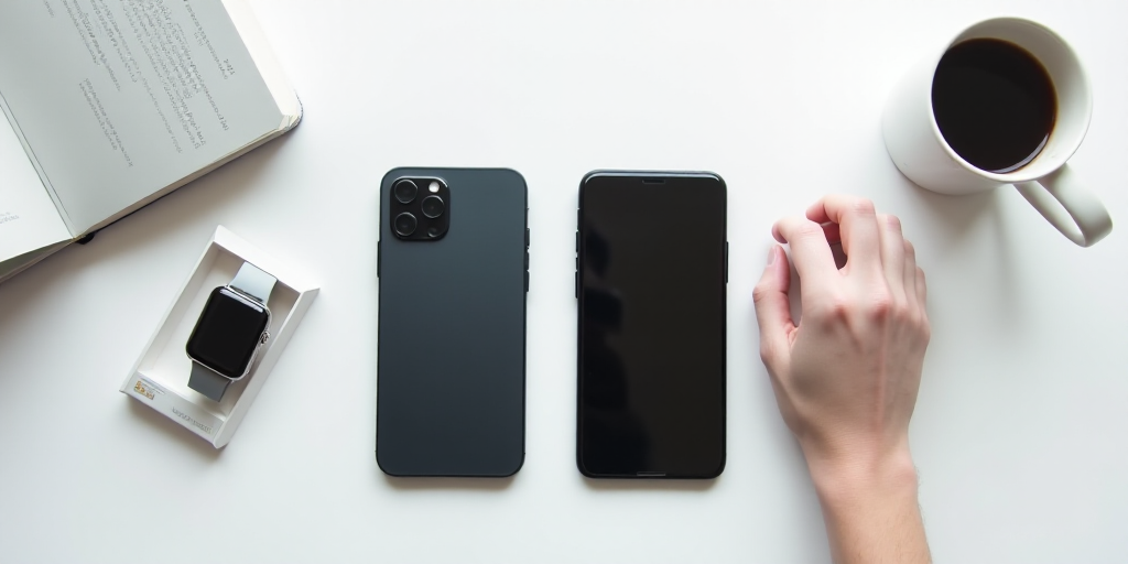 a couple of smart phones sitting next to each other on a white surface with a watch and a cup, Andri