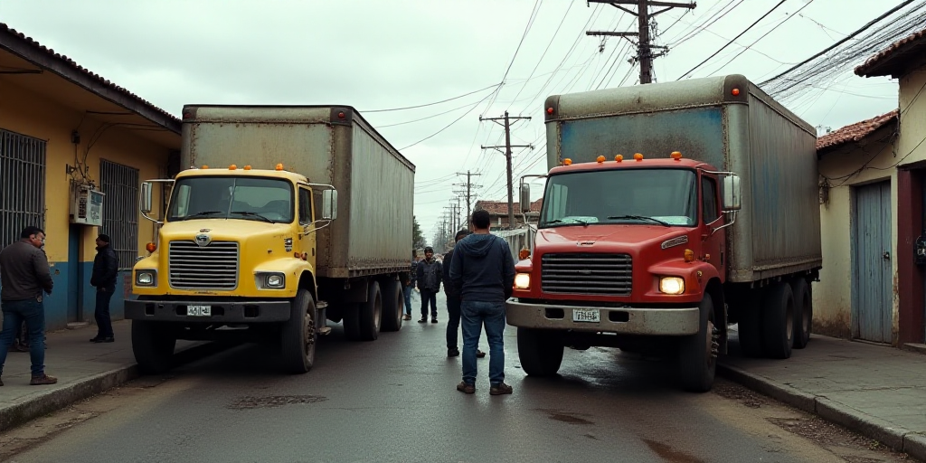 a couple of trucks that are next to each other on the street with people standing around them and a