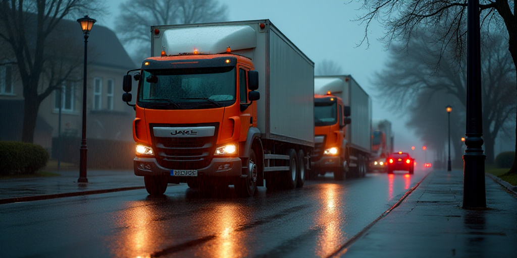 a couple of trucks that are sitting in the street together in the rain with a car nearby and a red l