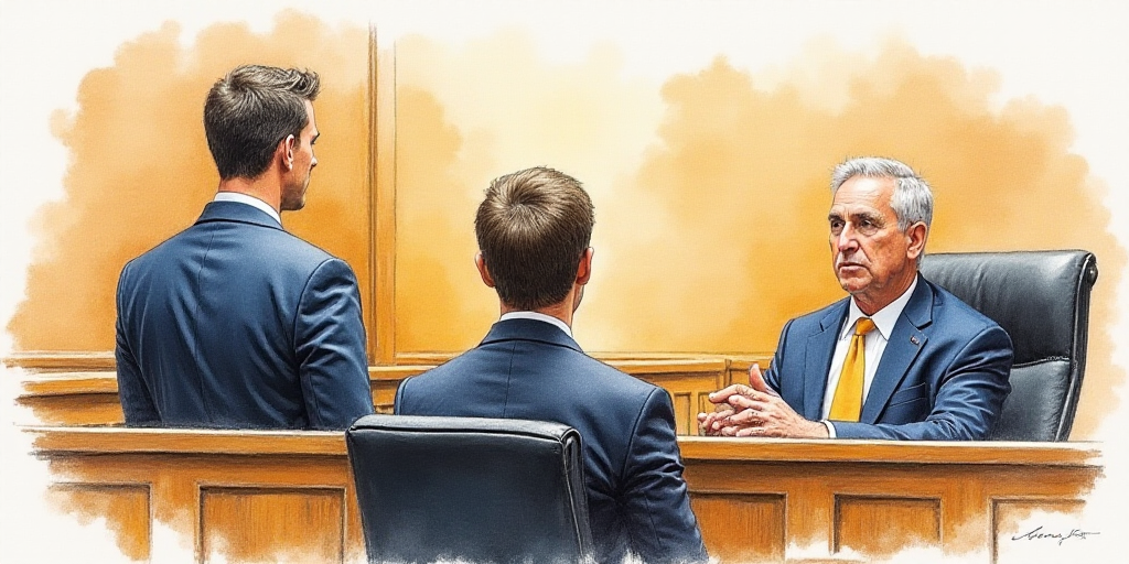 a courtroom drawing of a man sitting in front of a judge and two men standing behind him and a judge