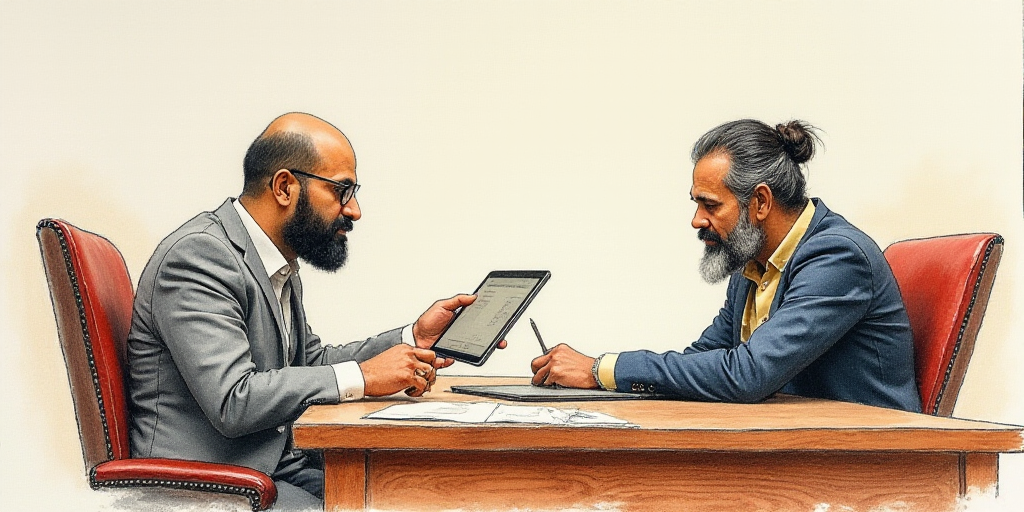 a courtroom drawing of two men sitting at a table looking at a tablet computer screen and a man with