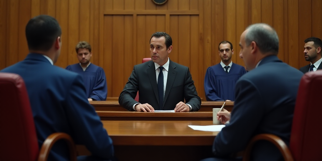 a courtroom with a judge and his staff in blue robes and a judge in a black suit and a judge in a re