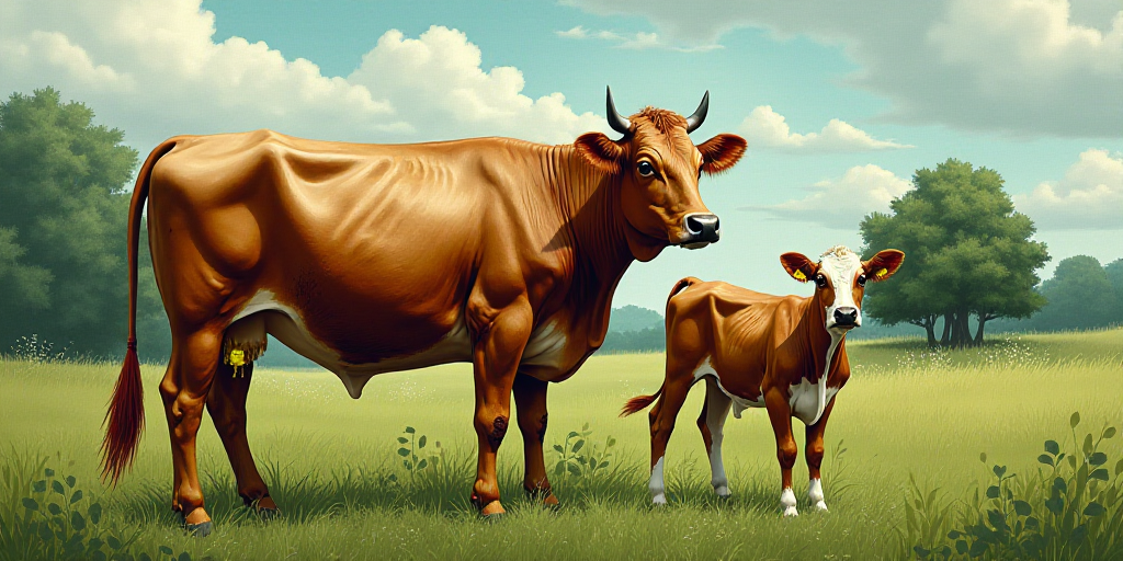 a cow and a calf are standing next to each other in a field of grass and trees, with a green marker